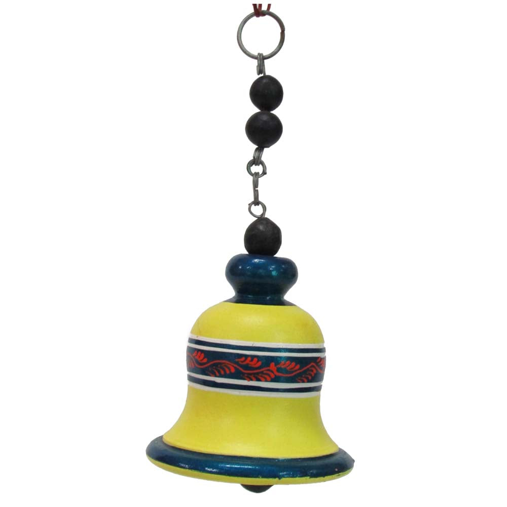 Handcrafted yellow earthen hanging bell with blue and red hand-painted detailing for home and garden decor.