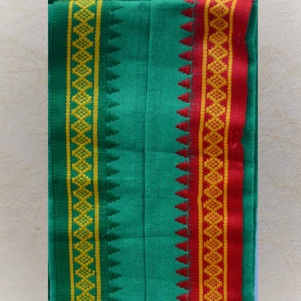 Traditional green Angavasthram with red and yellow temple border design, 3.5 Mulam length.