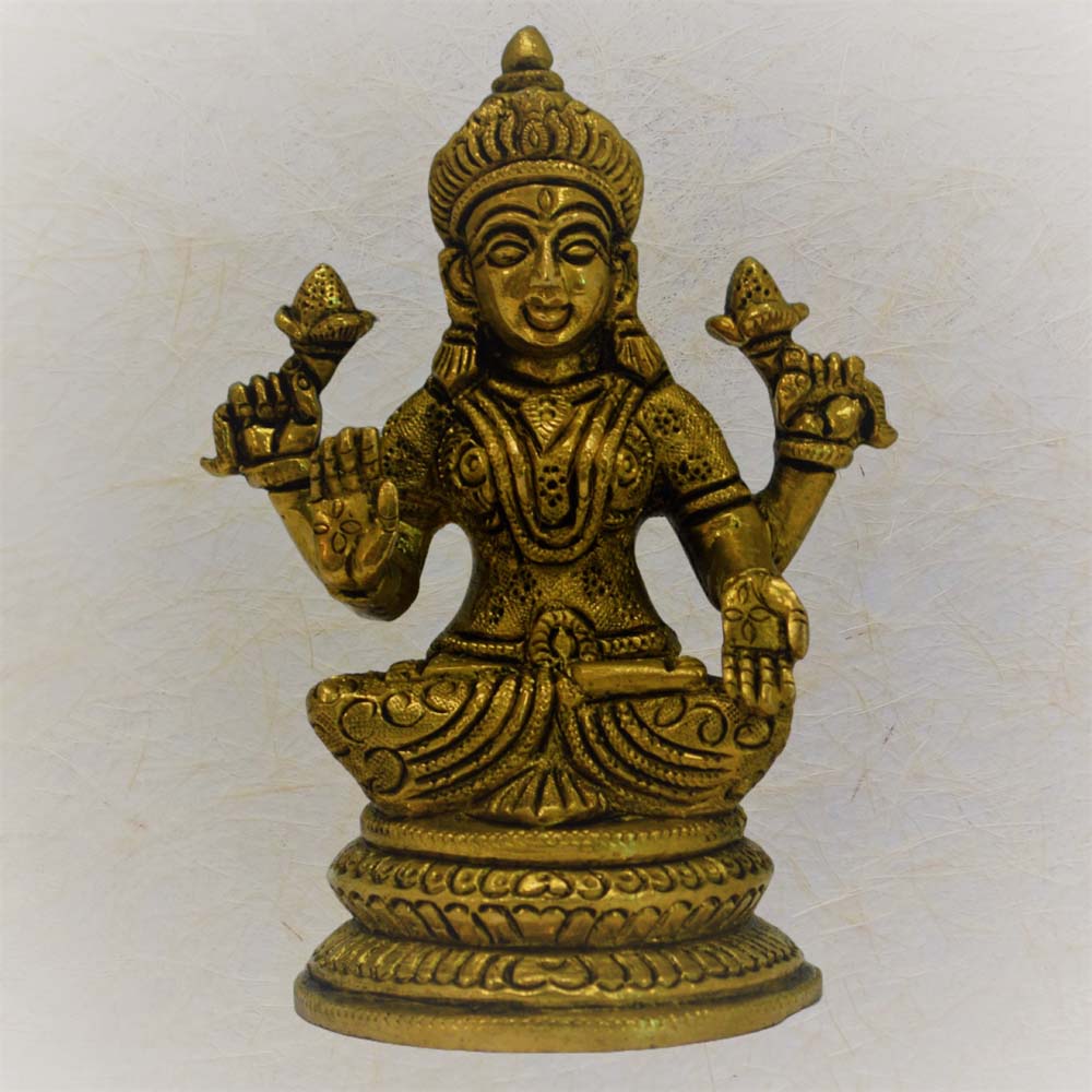 Eternal Lakshmi brass idol with intricate carvings, ideal for pooja rituals, home decor, and gifting.