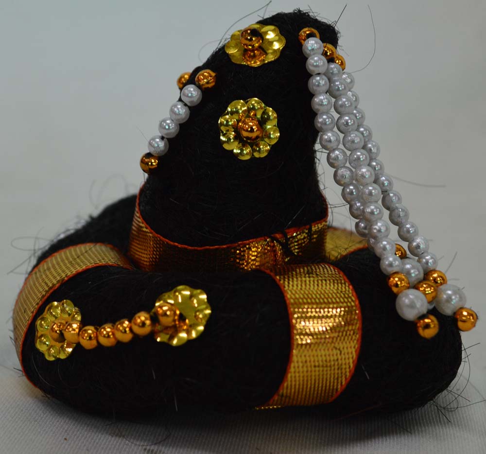 Small Traditional Dance Andal Kondai Hair Bun Decoration with gold ribbons, pearl bead embellishments, and floral details
