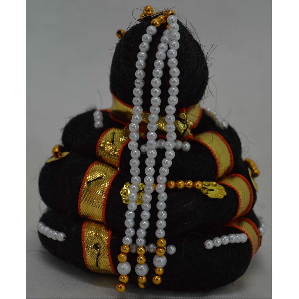 Large Traditional Dance Andal Kondai Hair Bun Decoration with golden ribbons and pearl bead embellishments