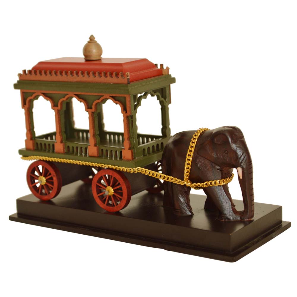 Handcrafted decorative figurine of an elephant pulling a traditional cart with golden chain details, perfect for Navaratri Golu display or home decor.