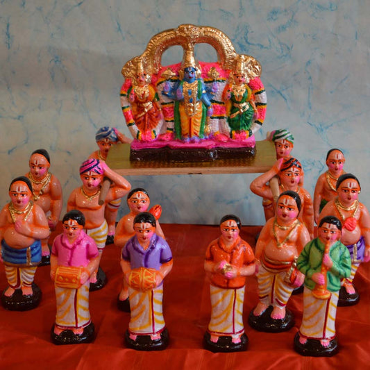 Handcrafted Navarathri Golu Doll Perumal Oorvalam procession set featuring Lord Vishnu with consorts, accompanied by devotees, musicians, and priests.
