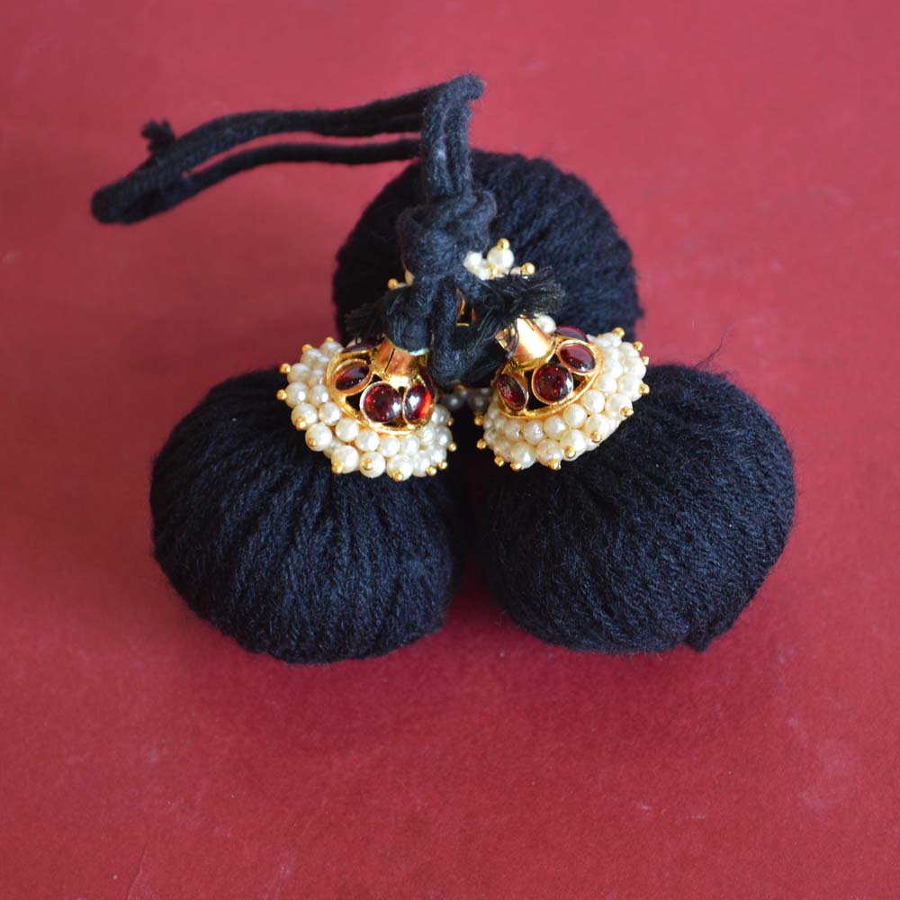 Traditional Temple Jewelry Kunjalam Hair Tassels with black wool, golden beads, red stones, and pearl accents