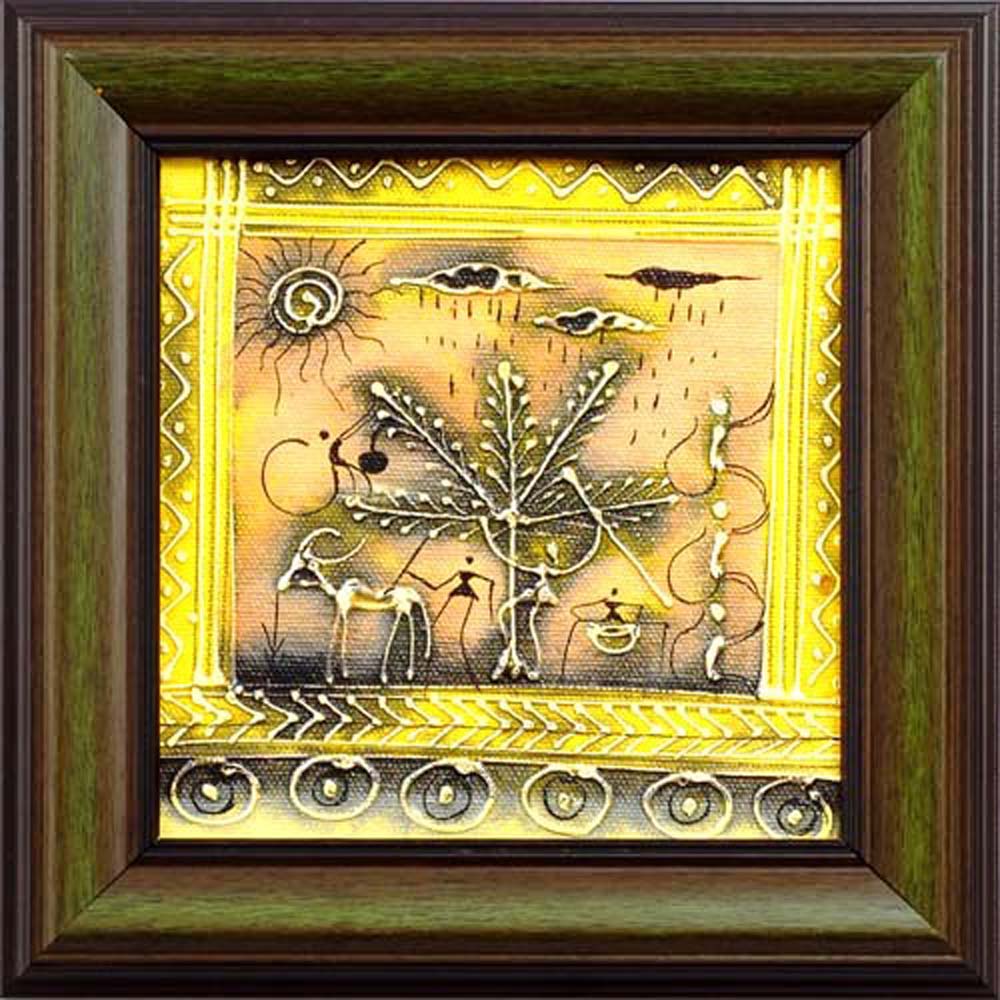 Framed Warli Painting with Nature, Trees, and Animal Motifs in Yellow and Black