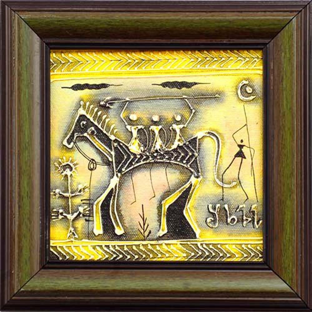 Framed Warli Painting with Horse and Village Motifs in Yellow and Black Tones