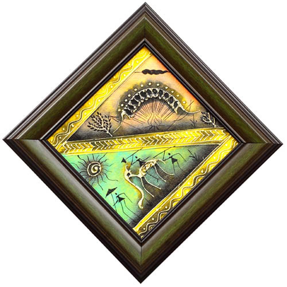 Diamond-Shaped Warli Painting in Wooden Frame Featuring Animals, Sun, and Nature Designs