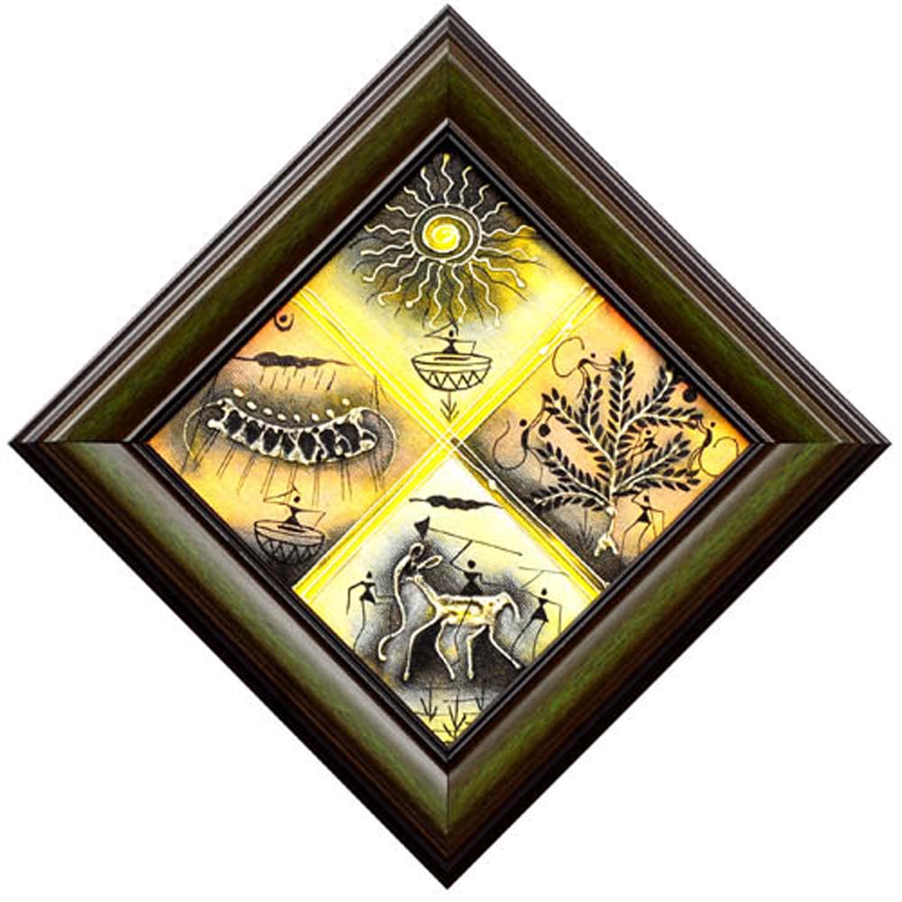 Diamond-Shaped Warli Painting with Wooden Frame Featuring Sun, Nature, and Animal Motifs