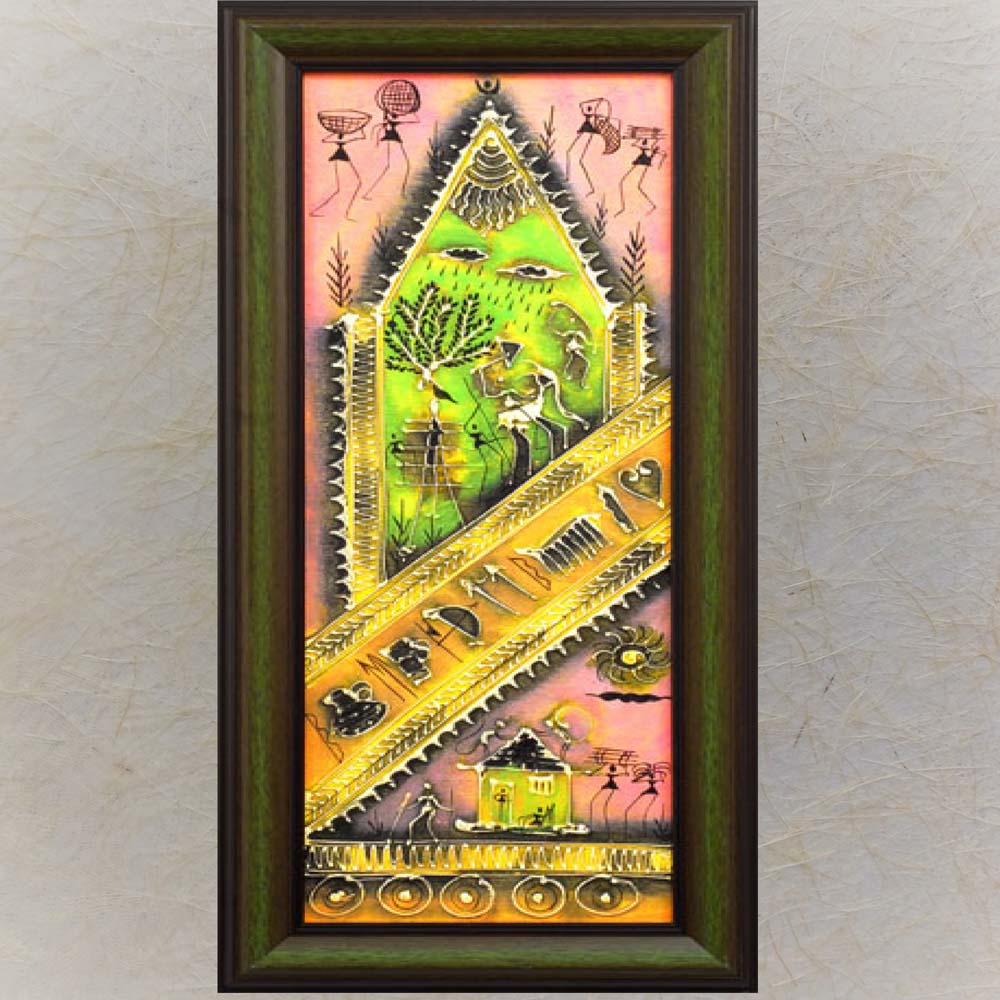Handcrafted Warli Painting with Green and Pink Background Featuring Village Scenes and Nature Motifs