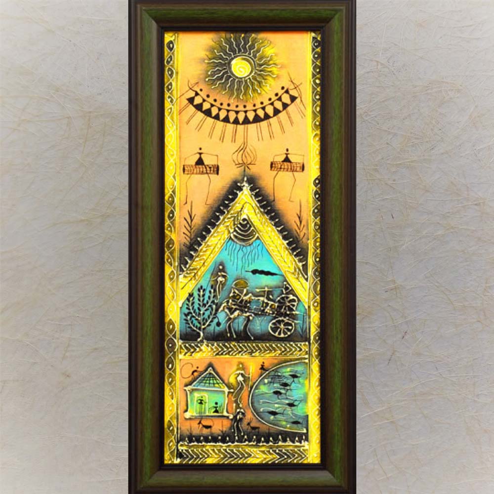 Vertical Warli Painting in Wooden Frame with Traditional Village Scenes and Sun Motif