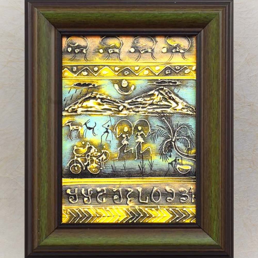 Framed Warli painting featuring tribal figures, animals, nature scenes, and geometric patterns in gold, black, and blue tones.