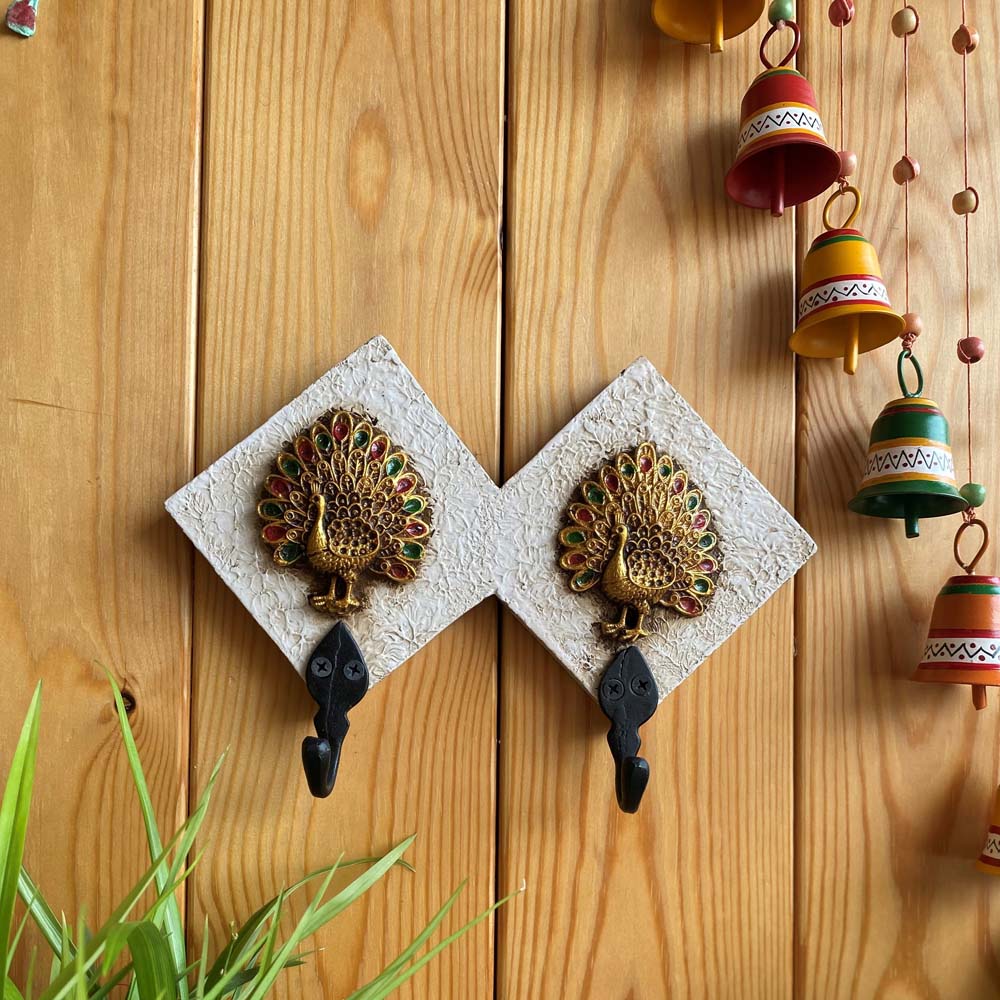 Elegant Double Peacock Wall Hook Set in white with golden and multicolor peacock designs, perfect for decorative and functional use.