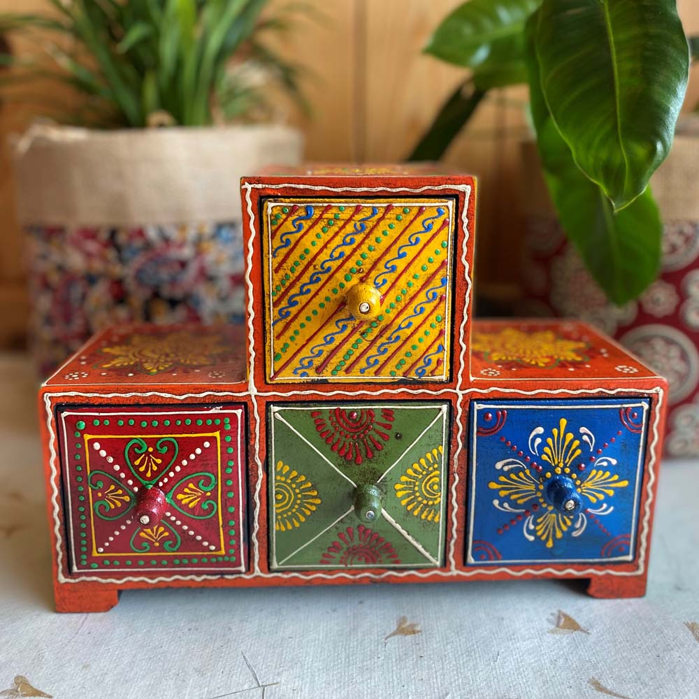 Handcrafted Wooden 4-Drawer Decorative Chest with vibrant diamond and floral hand-painted designs
