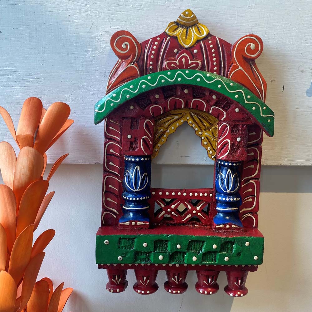 Handcrafted Wooden Jharokha Wall Decor with vibrant red, green, blue, and yellow detailing