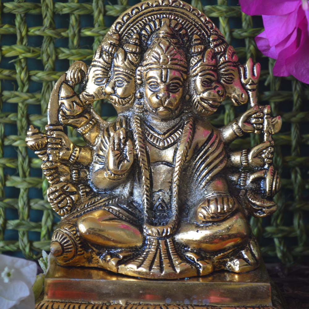 Oxidized gold Panchmukhi Hanuman idol with intricate details, seated in a meditative posture.