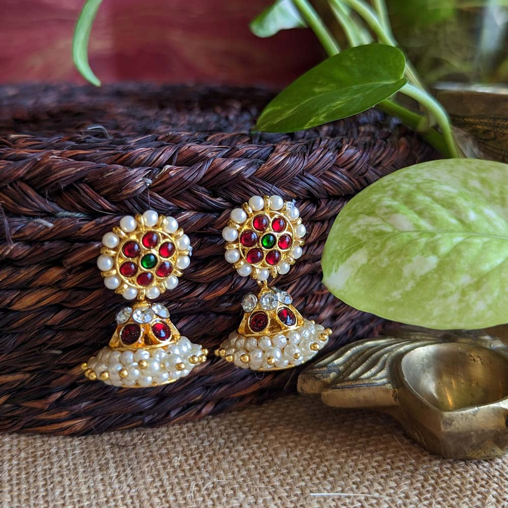 Traditional Kemp and Pearl Jhumka earrings with red and green stones and gold-tone detailing