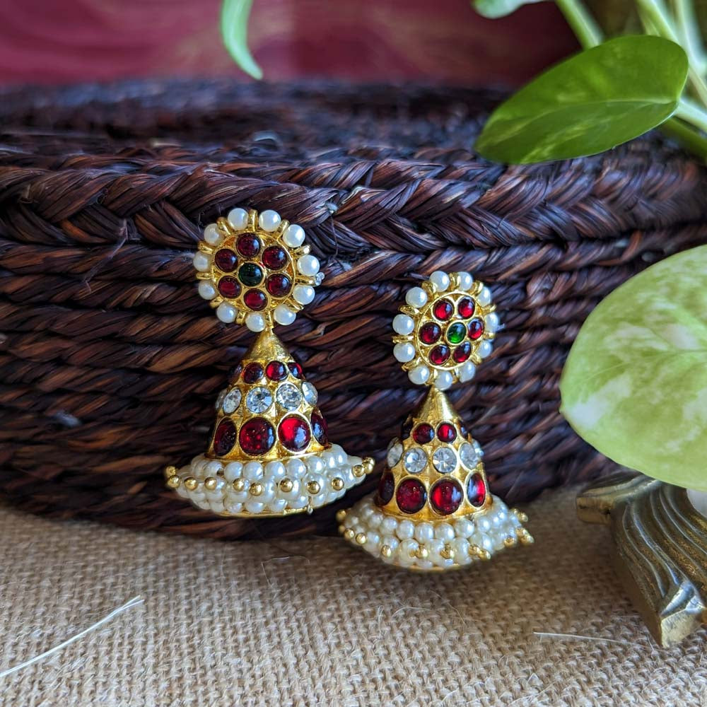 Elegant Kemp and Pearl Dome Jhumka Earrings with red and green stones and crystal detailing
