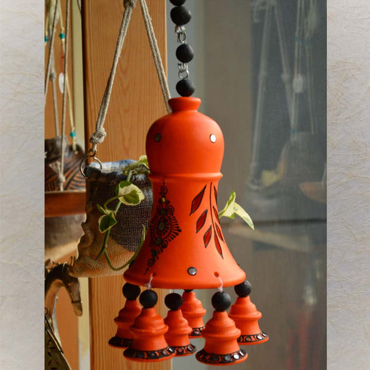 Earthen Conical Dome Hanging Bell - Orange