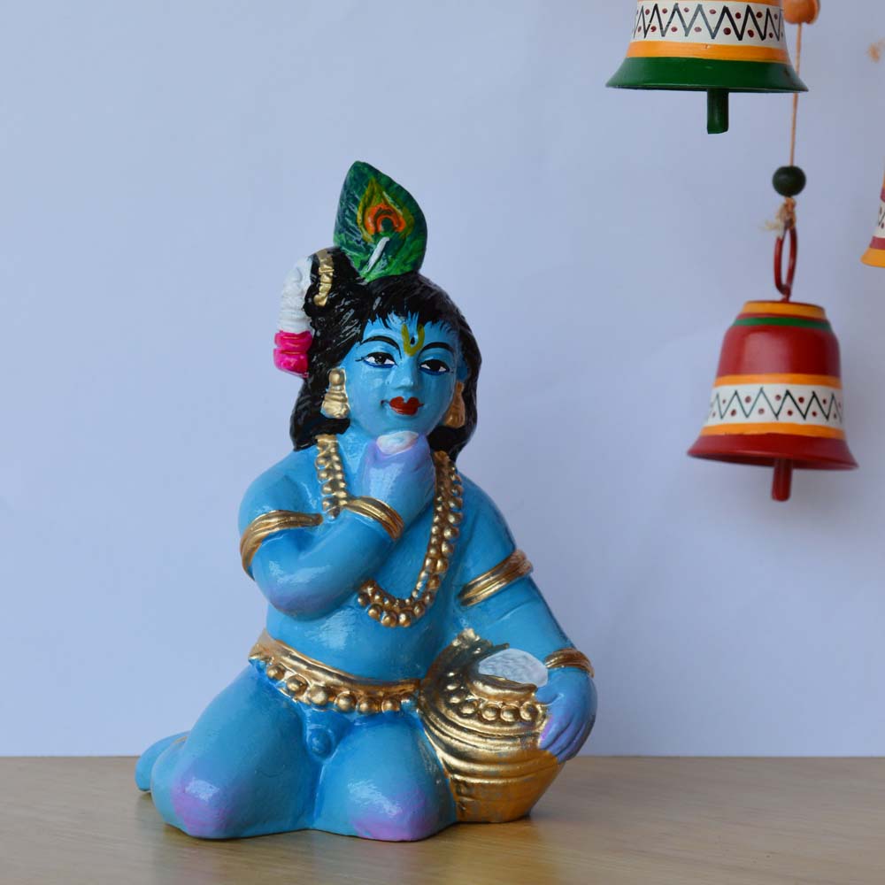 Handcrafted Little Krishna idol with butter pot, vibrant blue with gold ornaments, for Navaratri Golu.
