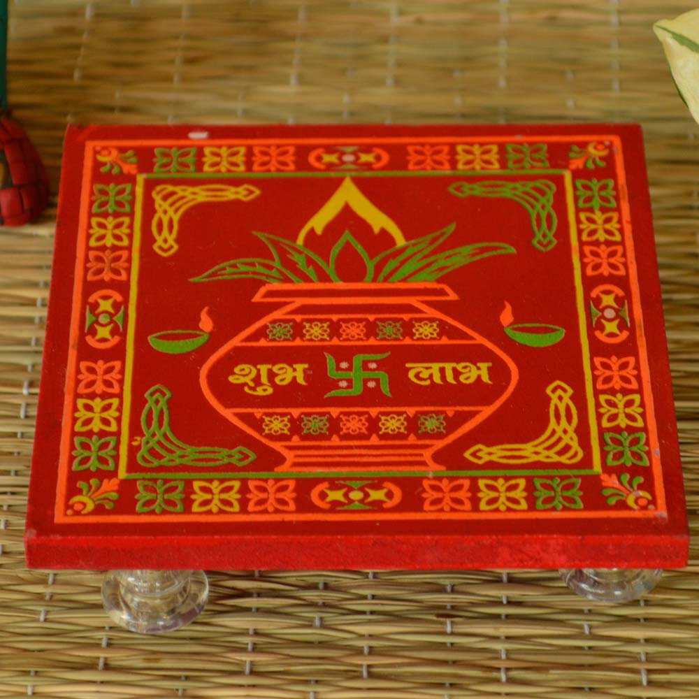 Wooden puja stool with Kalash design and Shubh Laxmi inscription in red color.