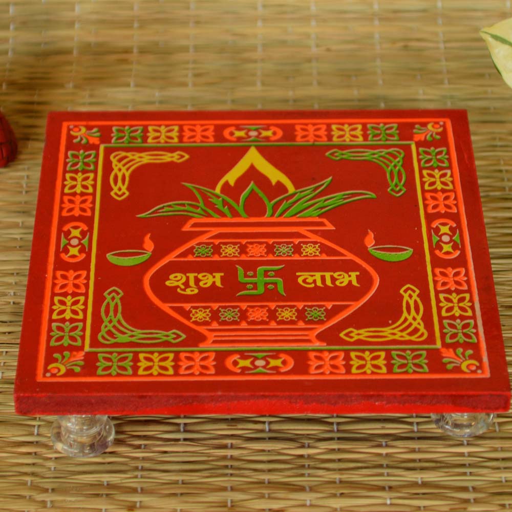 Wooden puja stool with Kalash design and Shubh Laxmi inscription.