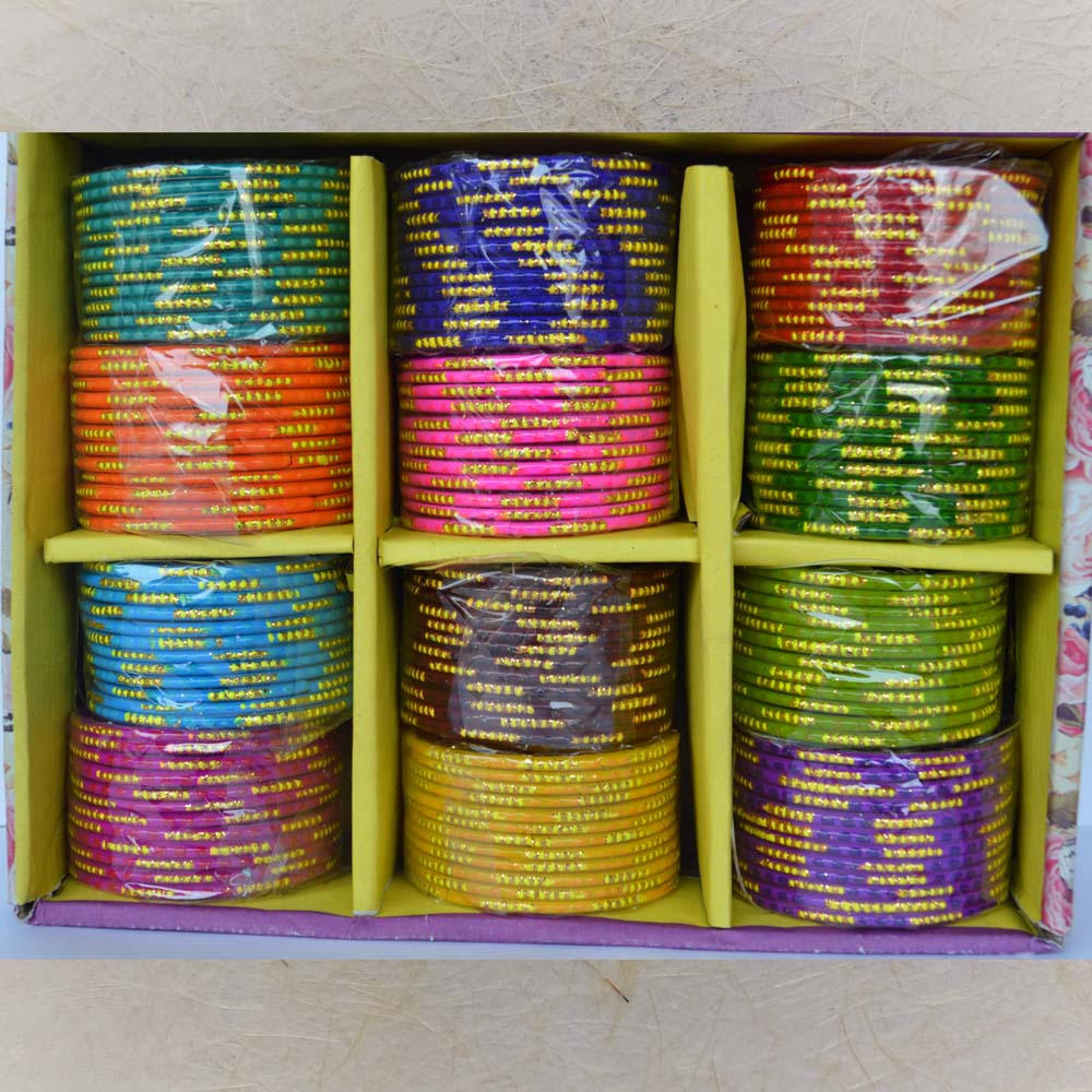 Box of assorted colorful glass bangles with elegant gold cut line detailing, size 2.4, ideal for festive and everyday wear.