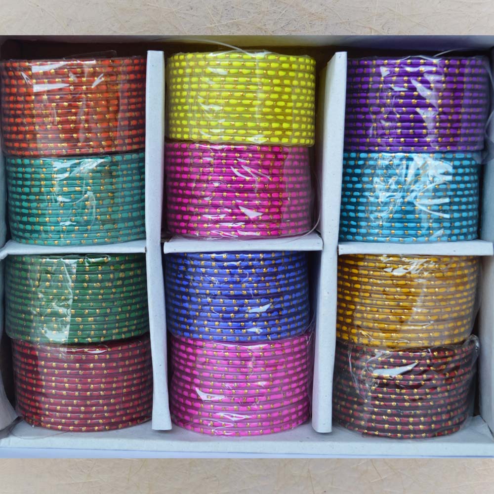Box of 12 colorful glass bangles featuring double-tone dotted patterns, ideal for festive occasions, weddings, and daily wear.