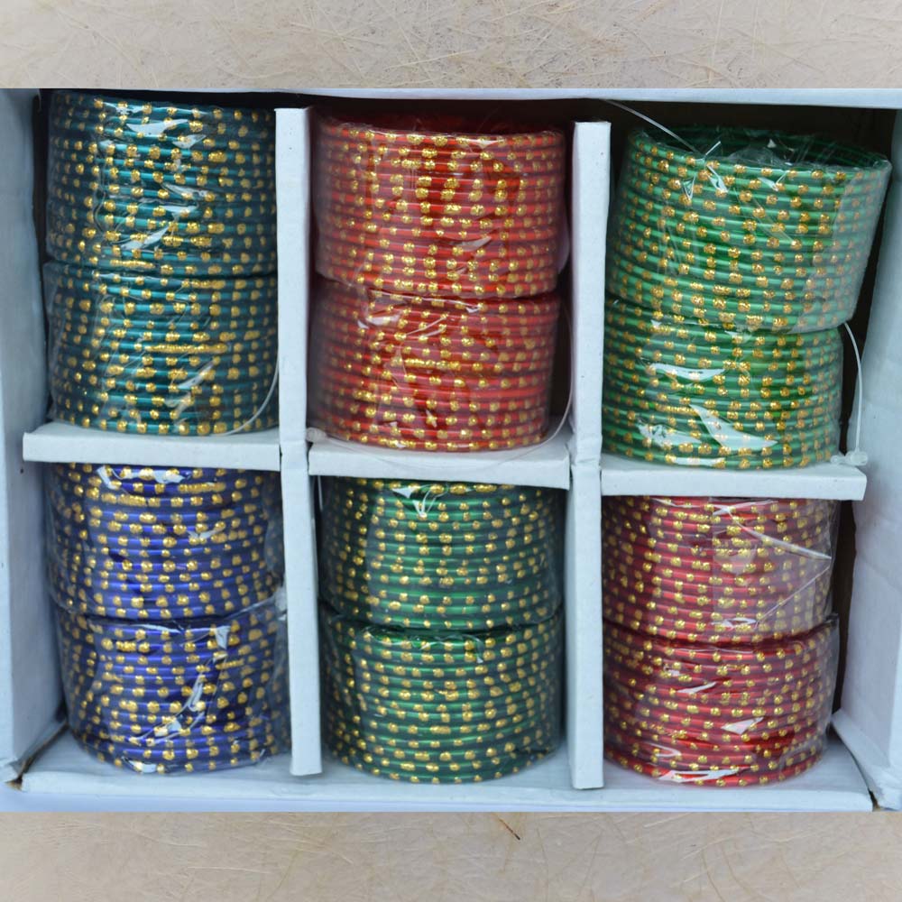 Set of colorful glass bangles with large gold single dots, size 2.4, perfect for traditional wear and festive occasions.