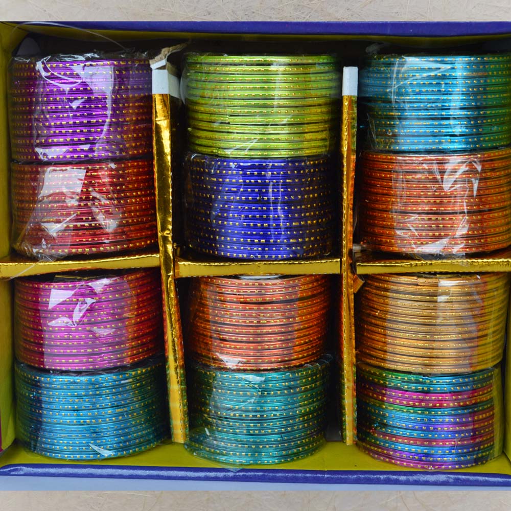 Box of 12 colorful glass bangles with delicate golden dots, perfect for festive occasions, weddings, and daily wear.