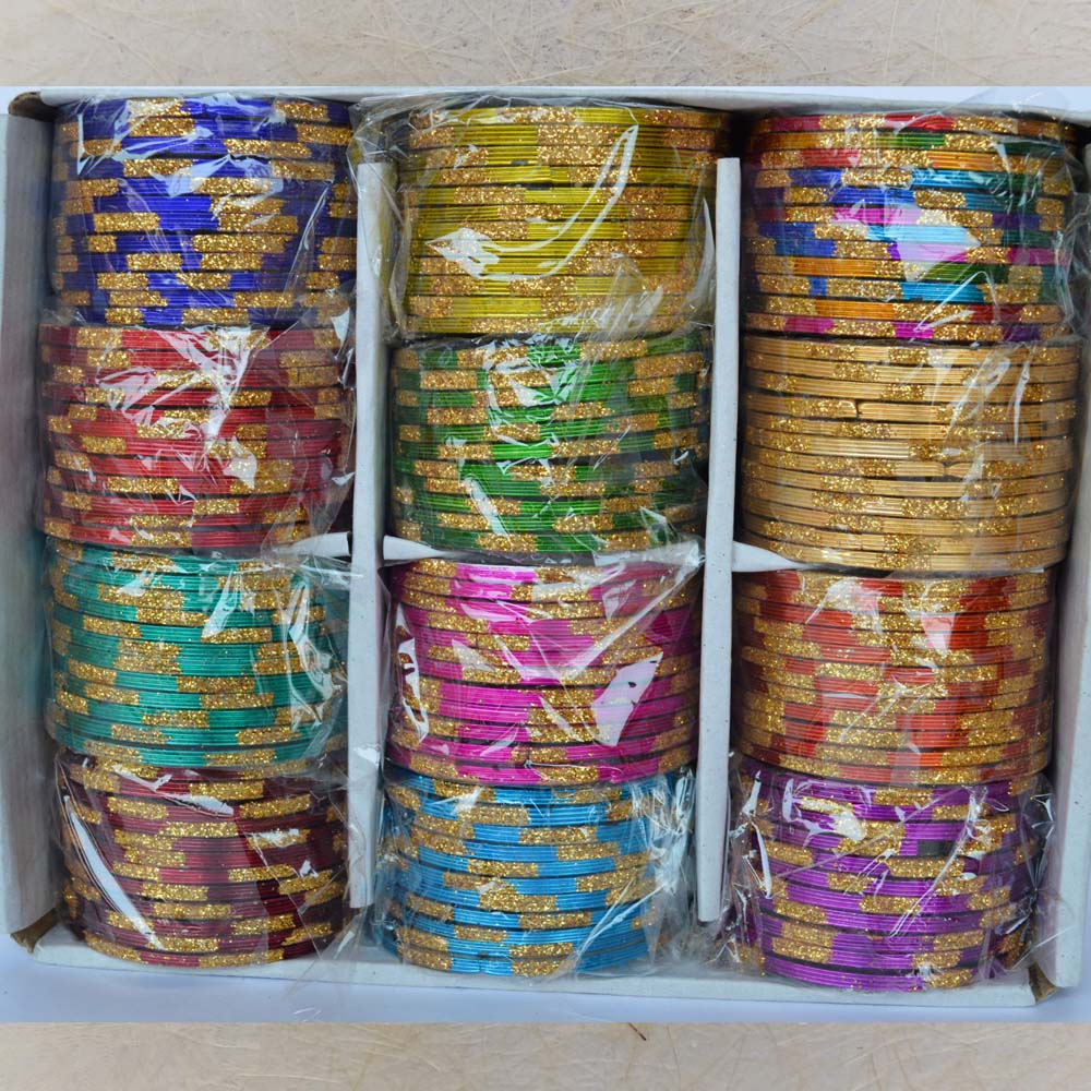 Box of thick colorful glass bangles with bold gold lines, size 2.8, perfect for traditional and festive wear.
