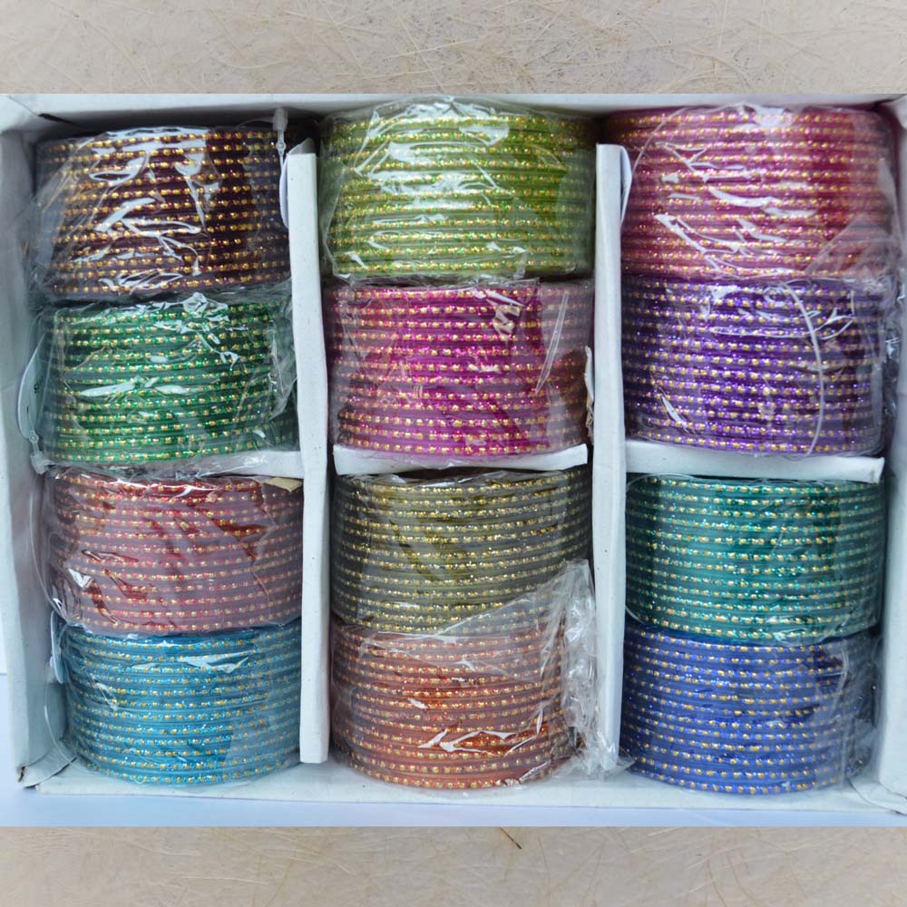 Box of colorful glass bangles with a single line of gold dots, size 2.8, ideal for festive and traditional occasions.