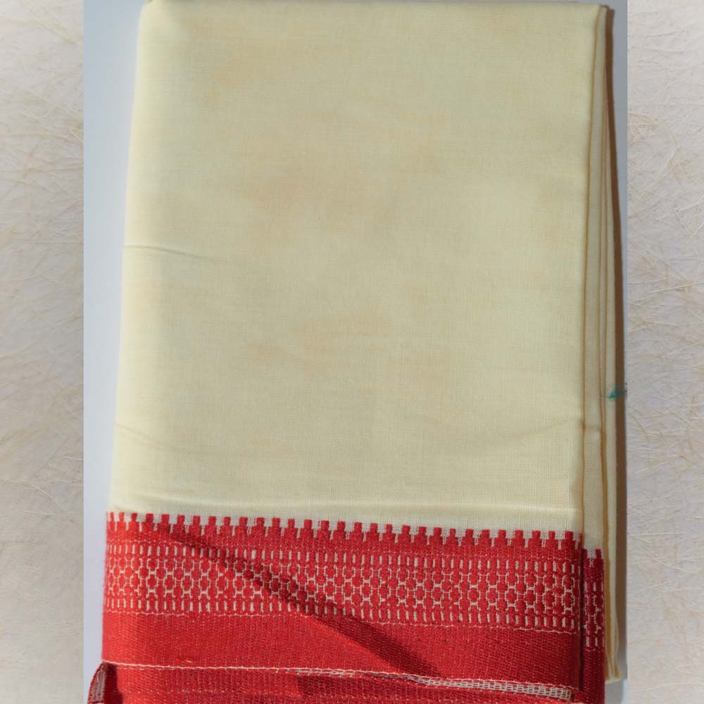 Off-white blouse fabric with a red woven border, 1-meter length.