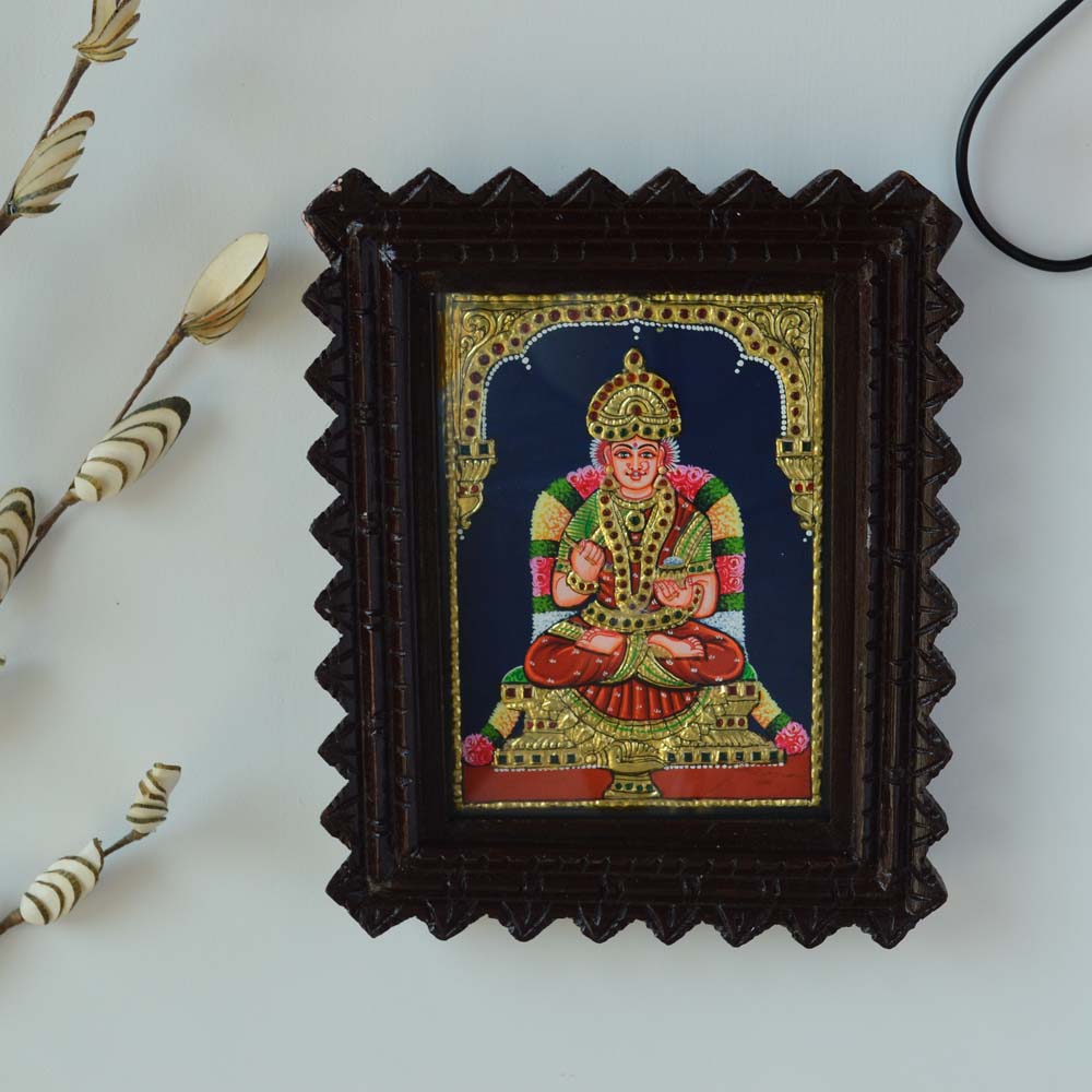 Tanjore Painting of Goddess Annapoorni with Gold Foil Embellishments in a Carved Wooden Frame