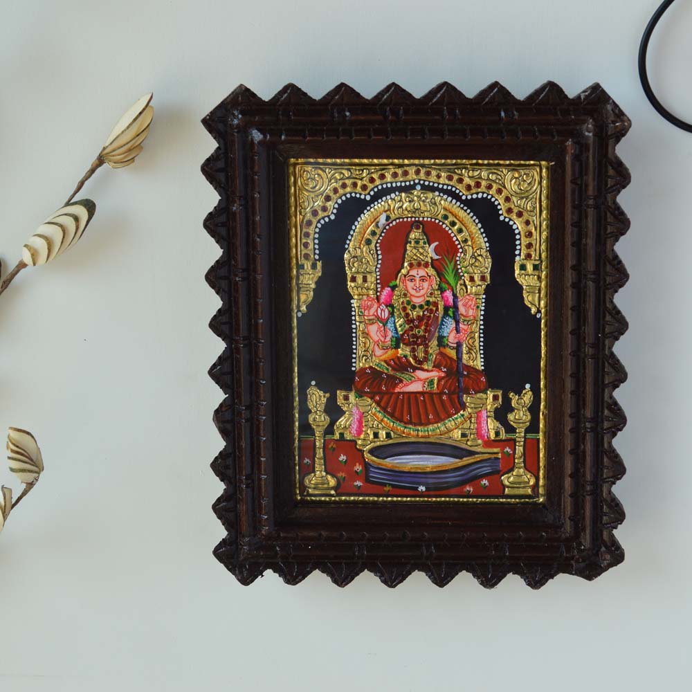 Tanjore Painting of Goddess Kamatchi Seated with Gold Foil Embellishments in a Carved Wooden Frame