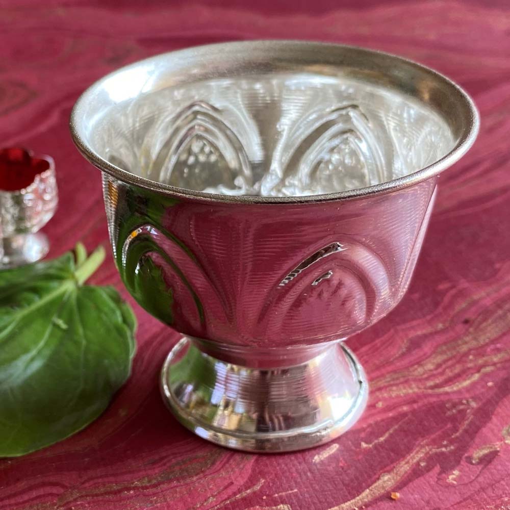 Silvery Chandan Cup Large with floral engravings, used for holding sandalwood paste in religious rituals.
