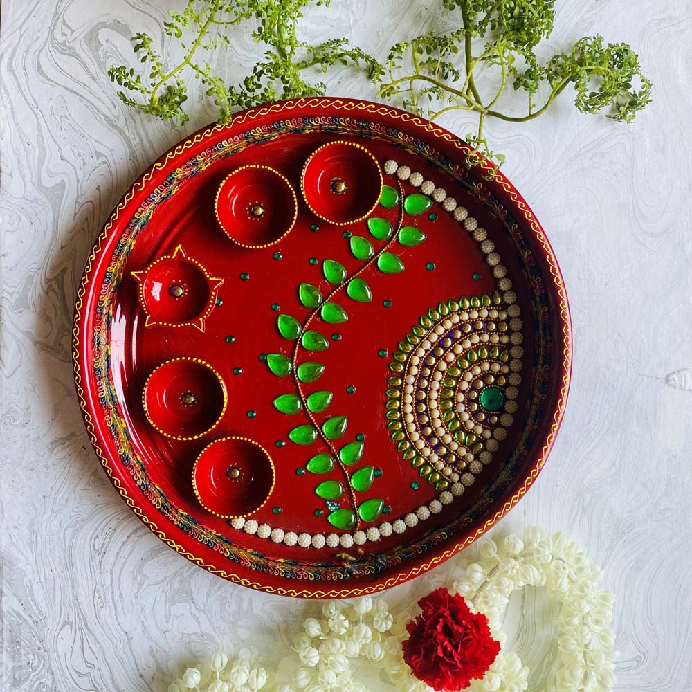 Lustre Red Pooja Thali 5 Cup