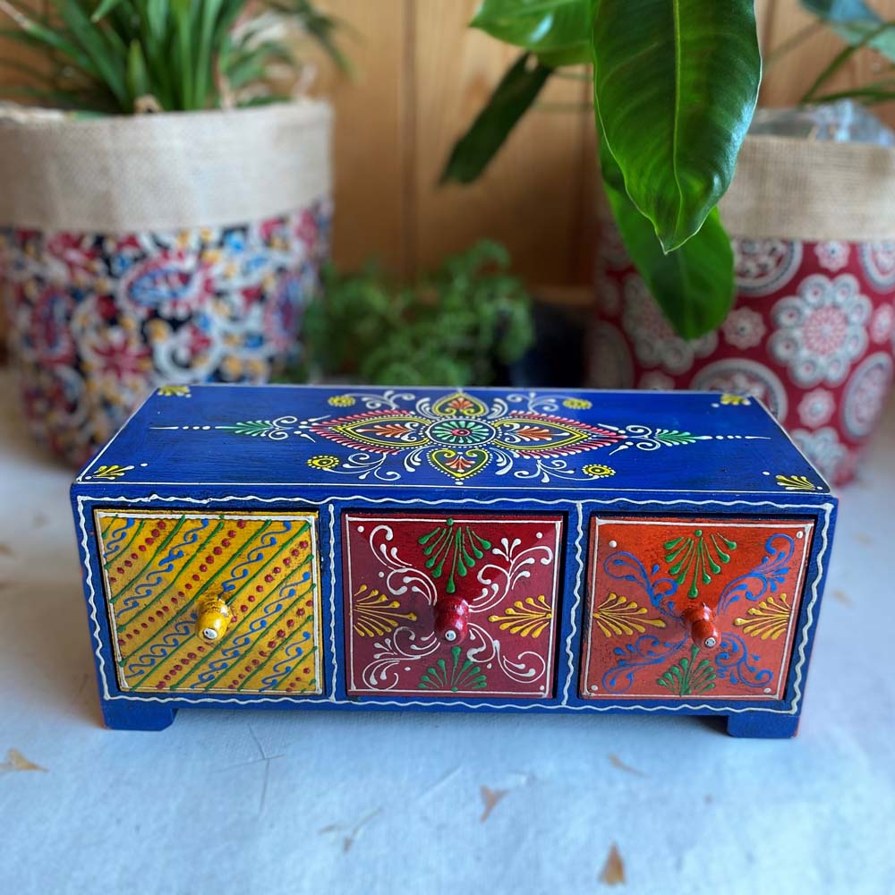Handcrafted Wooden 3-Drawer Decorative Chest with vibrant hand-painted diamond designs