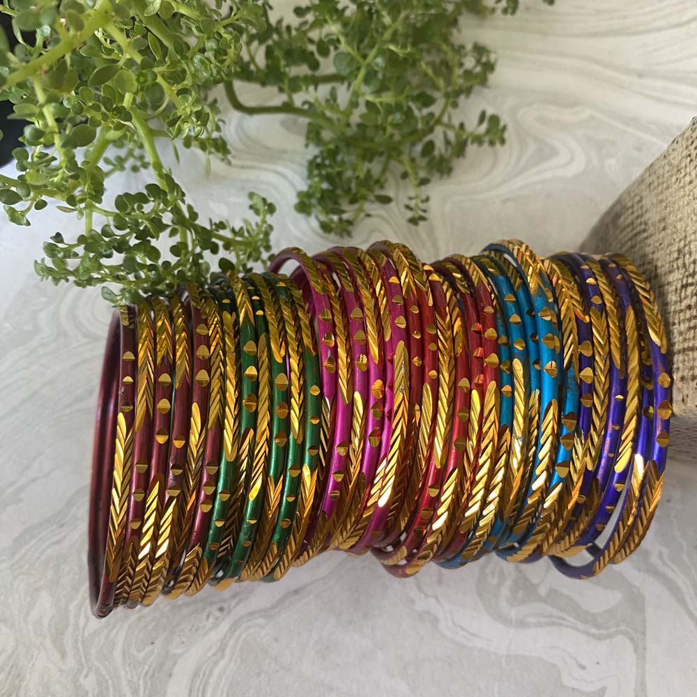 Set of 6 colorful metal bangles with golden accents, perfect for festive occasions, daily wear, and traditional attire.