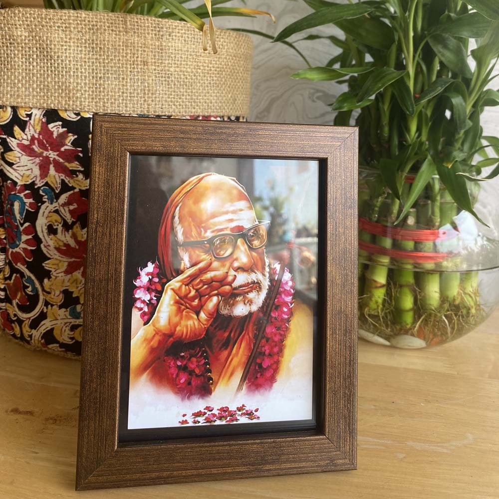 Mahaperiyava Wooden Photo Frame with a high-quality image and brown wooden finish.