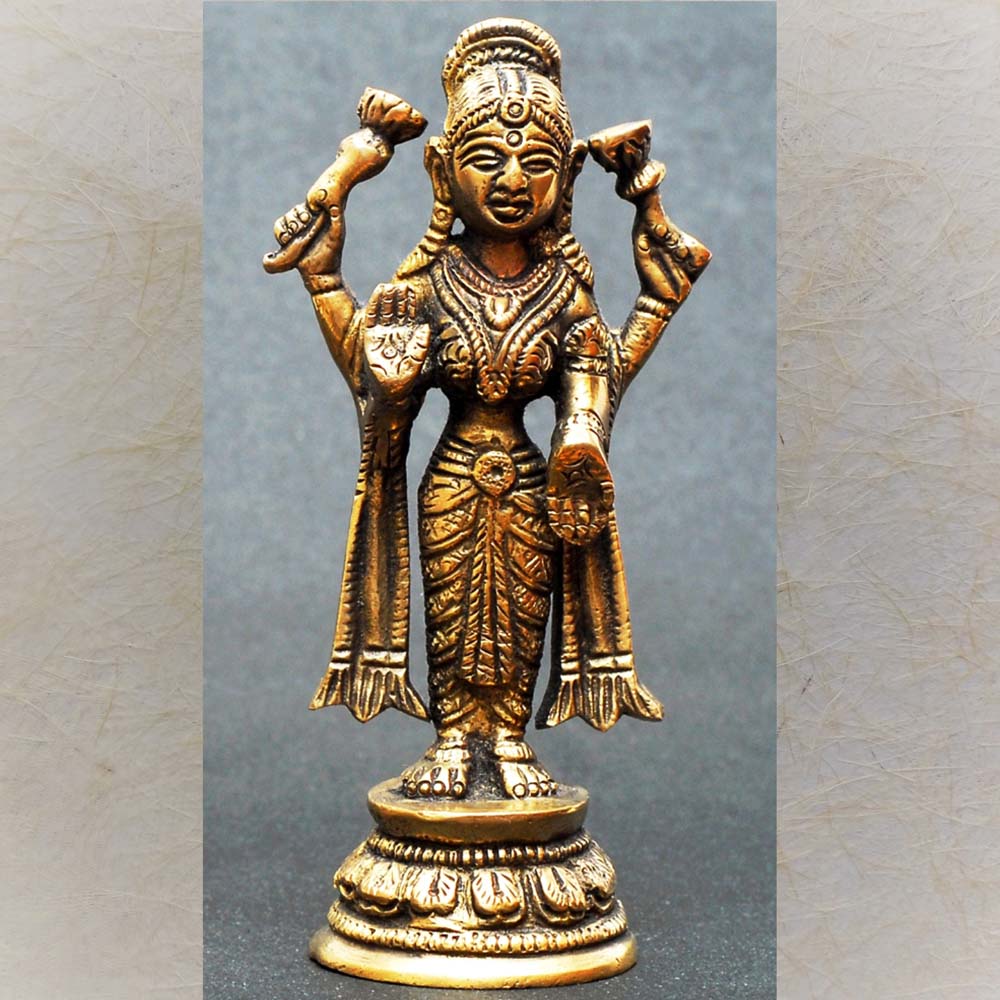Antique Sukhinobavanthu Lakshmi statue with intricate traditional detailing, standing on a decorative pedestal, ideal for pooja rooms and gifting.