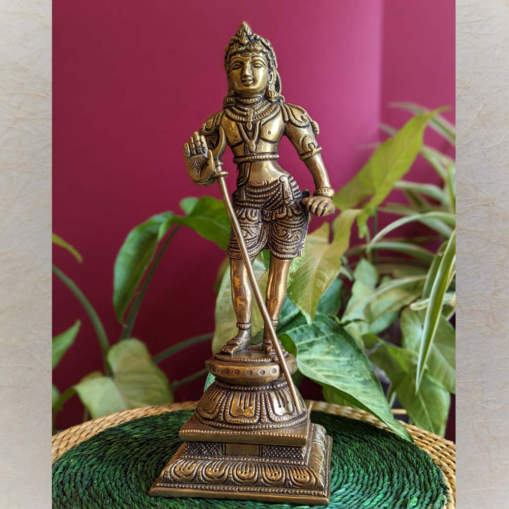 Handcrafted Brass Idol of Lord Murugan Holding a Vel Spear