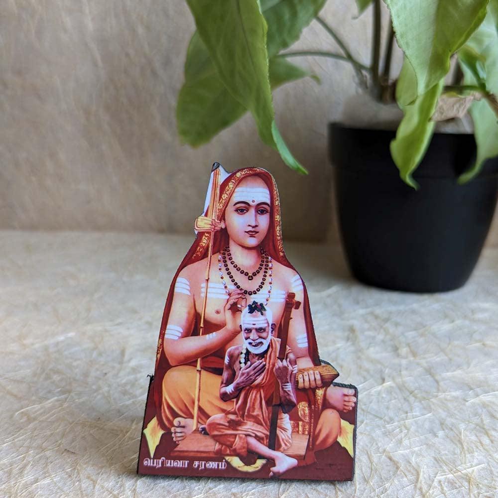 Decorative tabletop stand featuring Adi Shankaracharya and Maha Periyava, ideal for pooja rooms and spiritual decor.