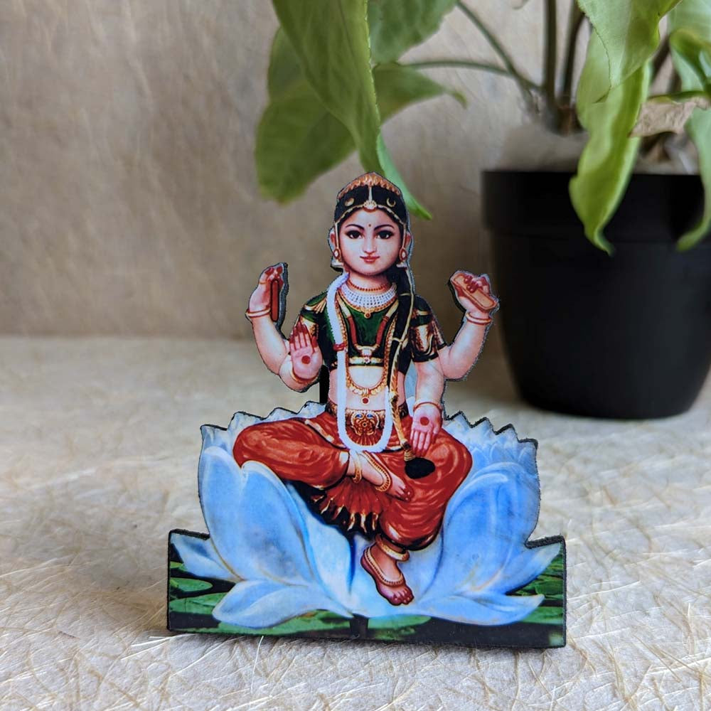 Bala Tripurasundari decorative tabletop stand featuring the Goddess seated on a lotus, ideal for pooja rooms and spiritual spaces.