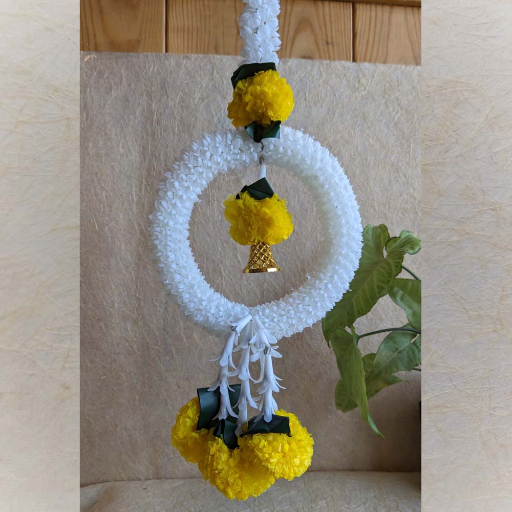 5 ft Mogra Ladi garland with artificial jasmine buds and yellow flower accents, perfect for religious and festive decor.