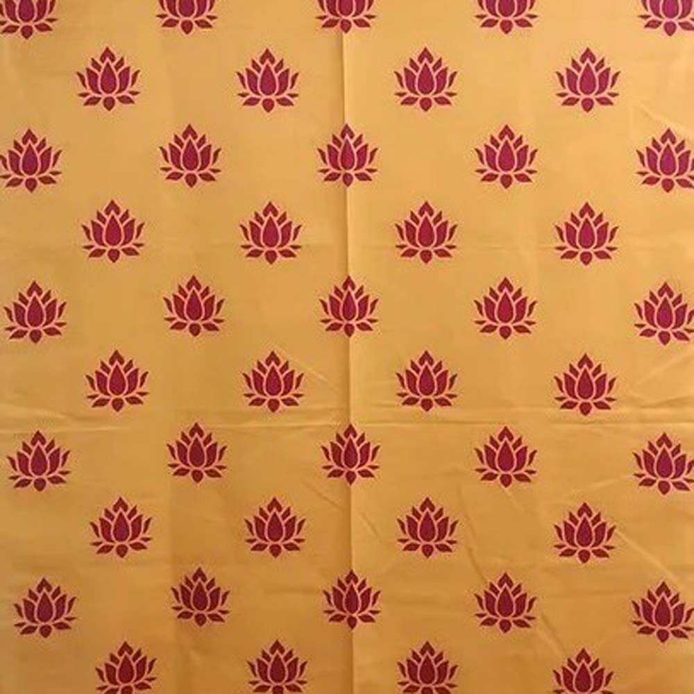 Festive yellow backdrop screen with maroon lotus print, ideal for pooja and festive decor.