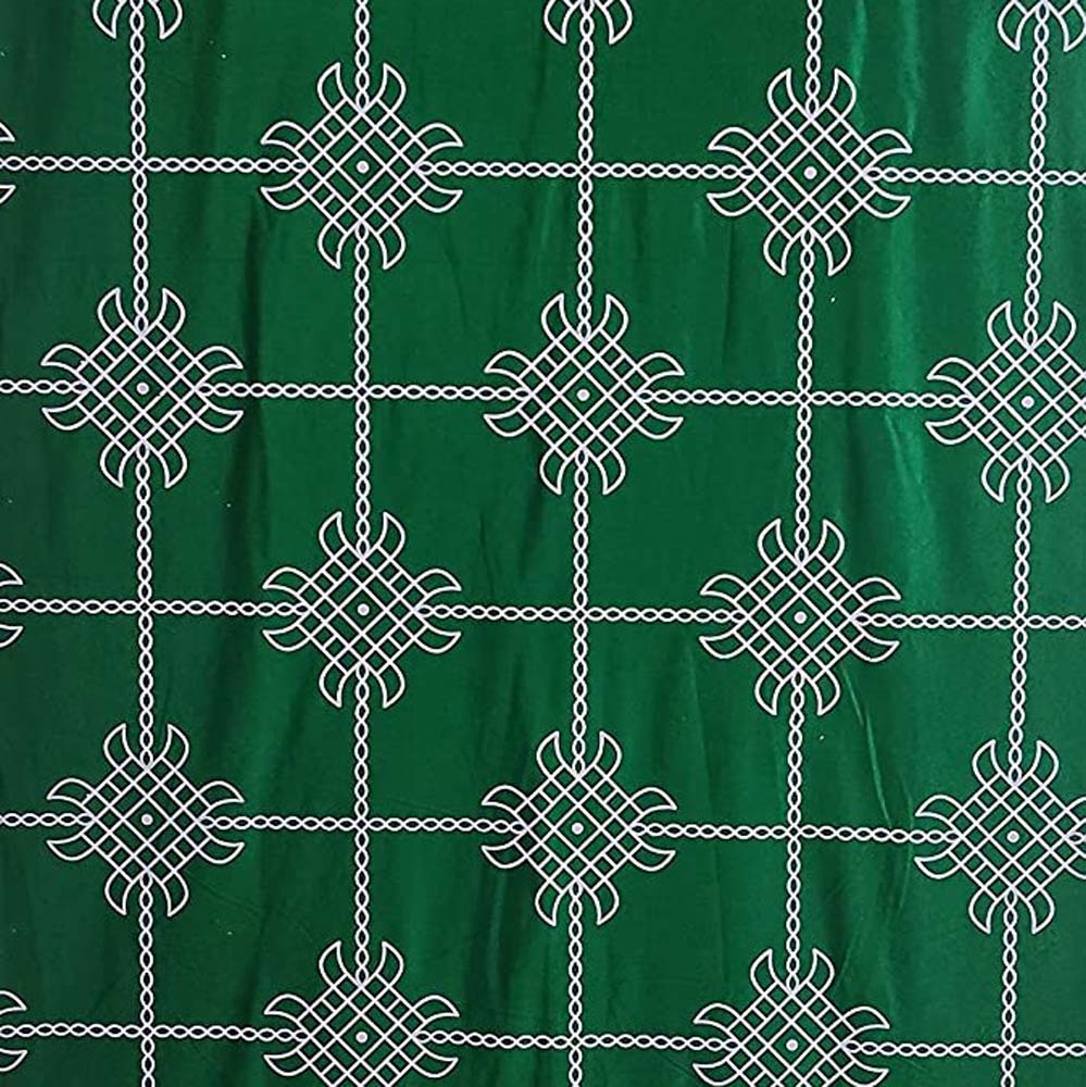 Festive green backdrop screen with intricate white Kollam design, ideal for pooja and festive decor.
