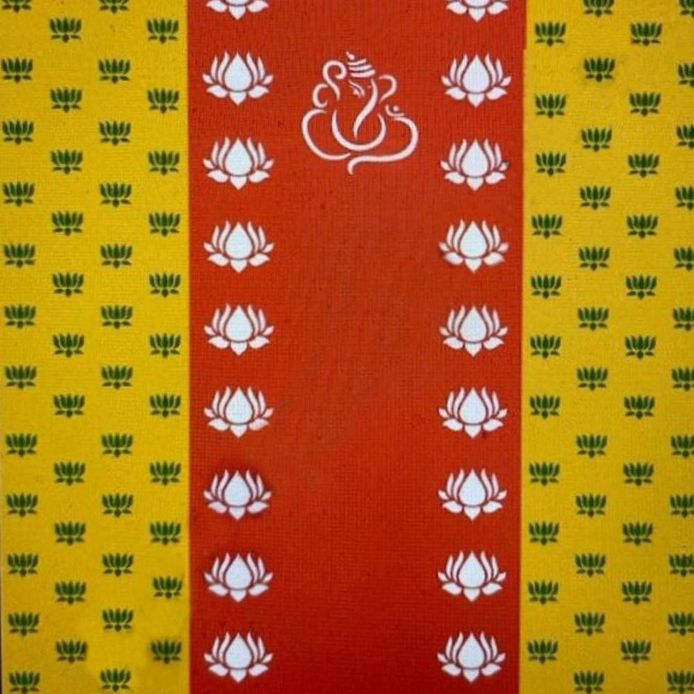 Festive red and yellow backdrop screen with white lotus motifs and Ganesh design, ideal for traditional pooja and festive decor.