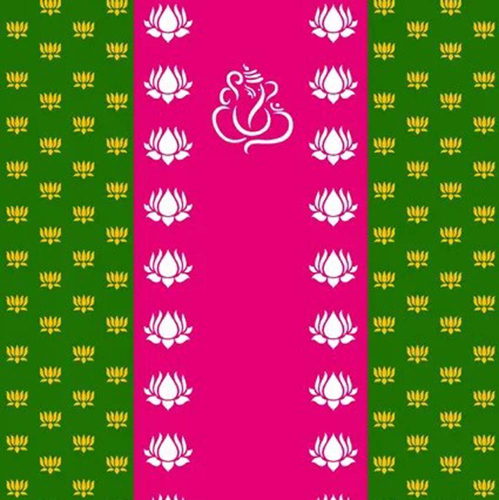 Festive pink and green backdrop screen with white and golden lotus motifs and a central Ganesh design, ideal for pooja and festive decor.