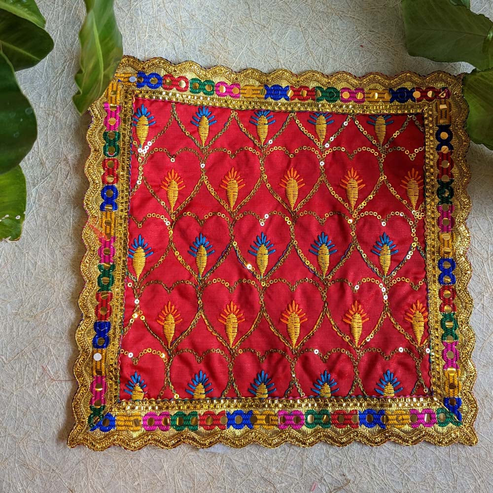 Red Velvet Aasan with Gold Embellishments – 12x12 Square Cloth for Puja