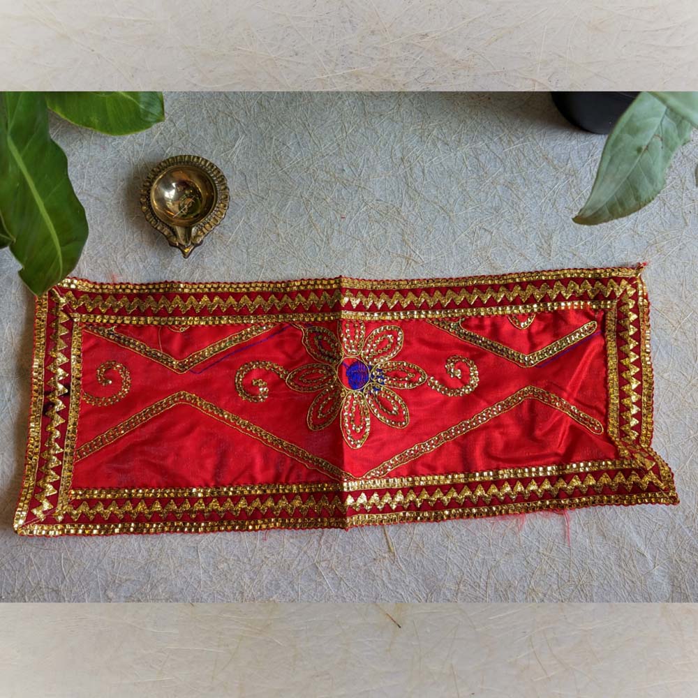 Handcrafted Red and Purple Aasan with intricate gold embroidery, measuring 15x5, perfect for temple and festive decor.
